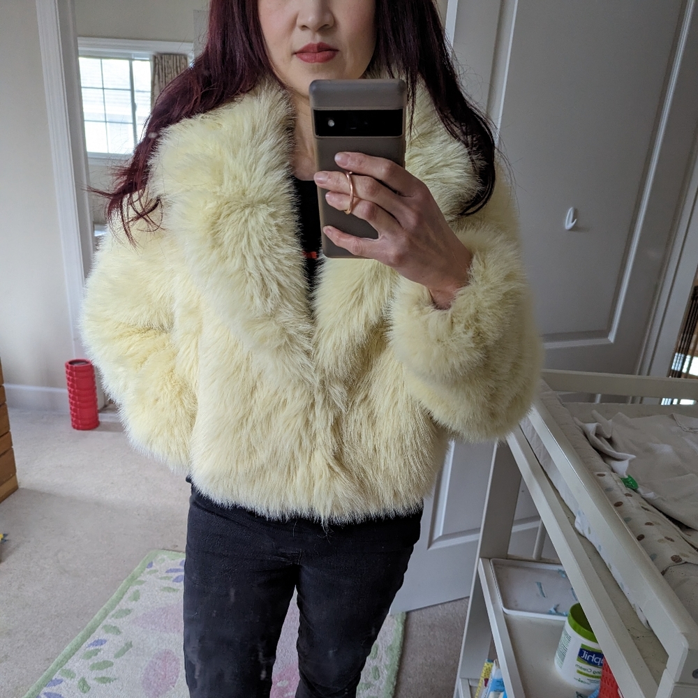 ZARA FAUX-FUR COLLARED SHORT JACKET YELLOW M - Picture 6 of 14